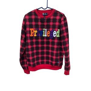 Bleeker & Mercer Men's Red Plaid Privilege Embroidered Sweatshirt Small (S)